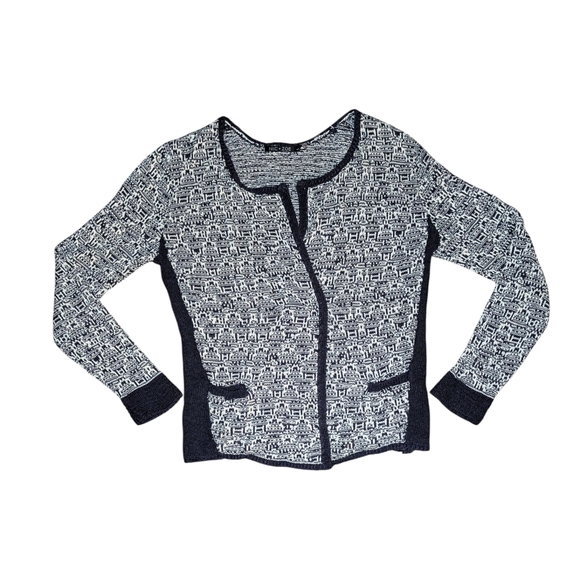 NIC+ZOE Linen Blend Textured Knit Cardigan Jacket Navy White Open Front Large - Picture 10 of 14